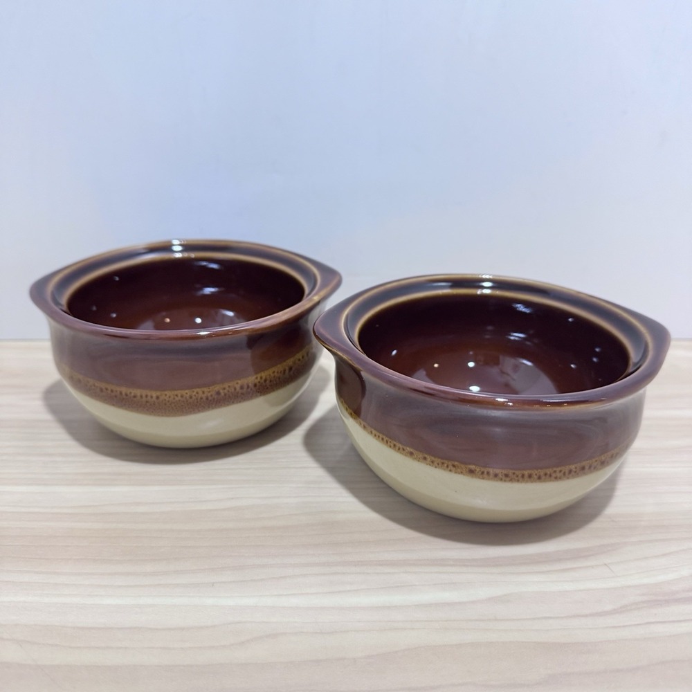 Vintage Restaurant CRESTWARE Set/2 Onion Soup Crock 5"X 2.5"Ceramic Chili Brown